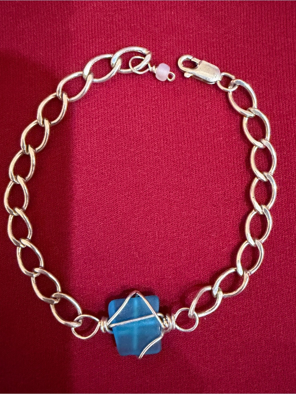 Handmade Blue Sea Glass Wire Wrapped Bracelet 7.5" 6.5mm Silver Link Chain 8.39g